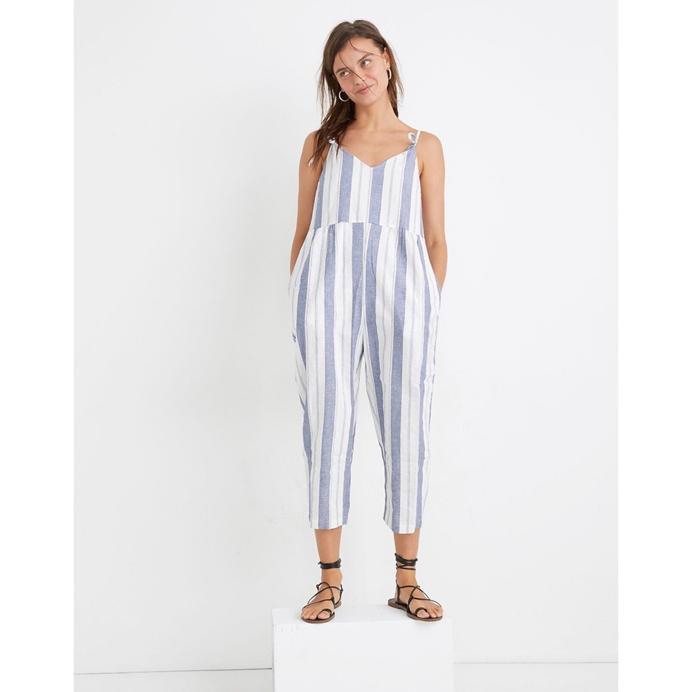 🍒BOGO🍒 Madewell Striped Tie-Strap V-Neck Jumpsuit - White & Blue